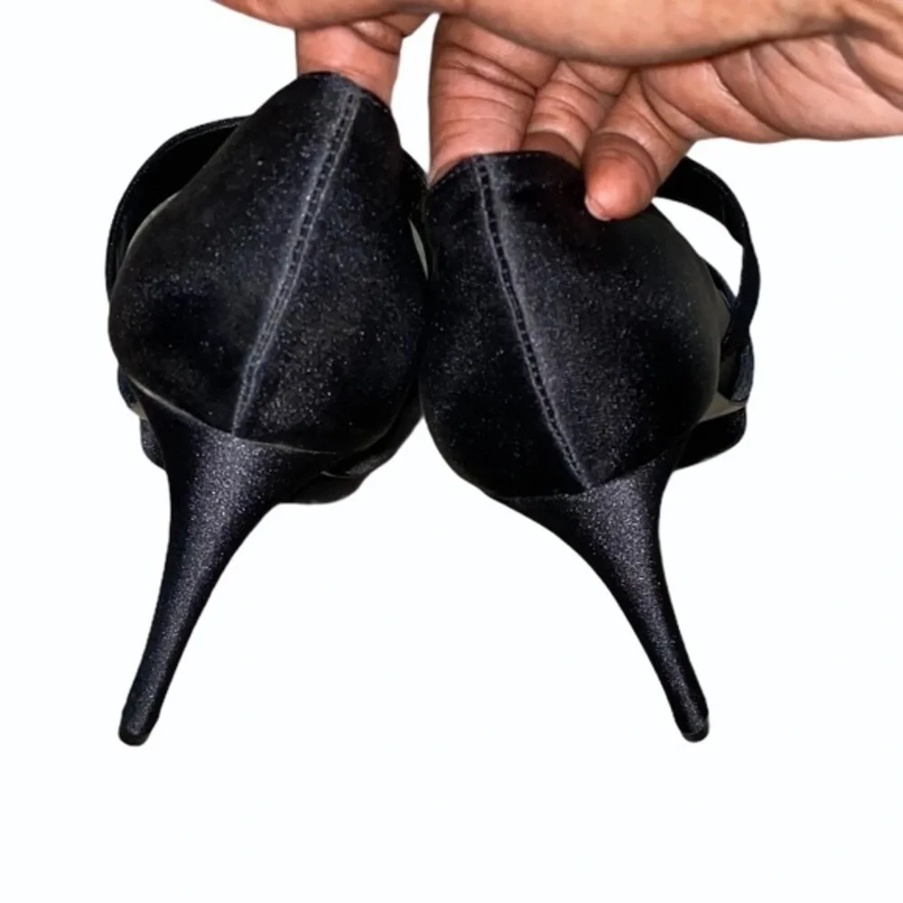 Strappy Black Satin Designer Playform Heels in 10